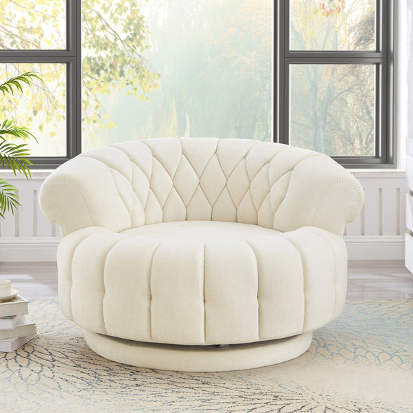 English Elm Swivel Barrel Accent Chair Chenille Tufted Round Club Seat for Living Room Lounge Beige N719S002280A