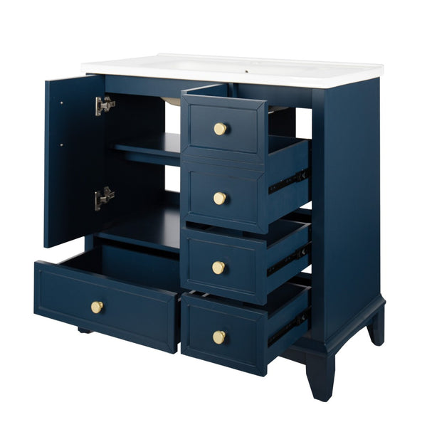 English Elm 35.6" Freestanding Bathroom Vanity with Roman Column Base and Ceramic Integrated Sink Blue W1801S00002