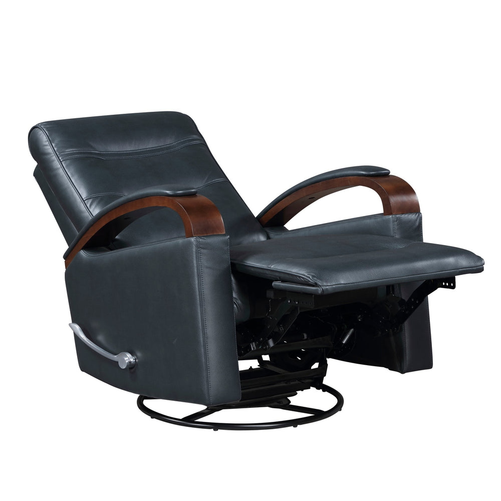 English Elm 1pc Swivel Gliding Recliner Faux Leather Upholstered with Solid Rubberwood Arms, Supportive Comfort and Smooth Motion Navy 34 L x 33 W x 27 H B011P329243