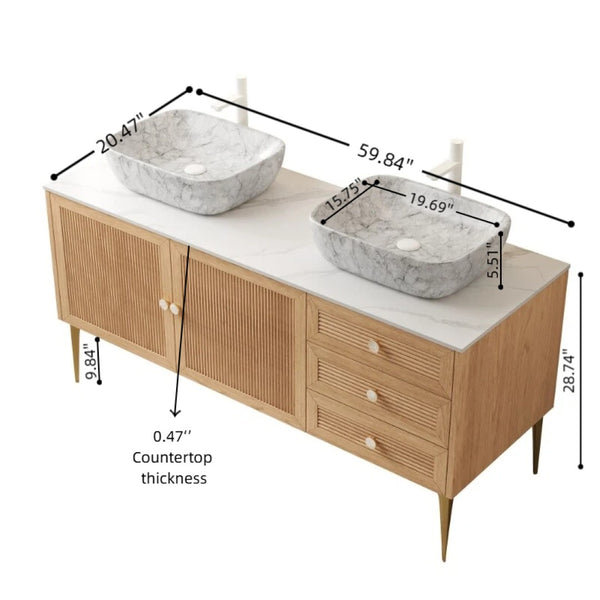 English Elm Munin Freestanding 60 Inch Bathroom Vanity Oak Plywood Cabinet Ceramic Stone Basin W2615S00470