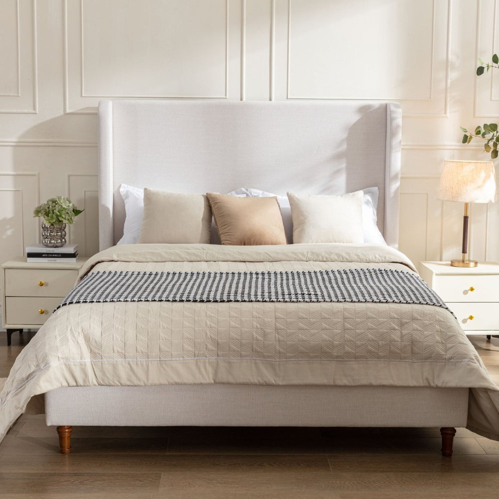 English Elm Harper Wingback King Bed Ivory Canvas Upholstery Walnut Feet Architectural Bedroom B191P450000