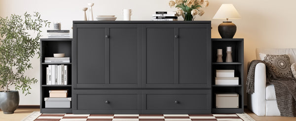 English Elm Queen Vintage Dark Gray Murphy Bed With Storage Drawers & Shelves - Perfect For Compact Spaces! W1580S00257-GIGA