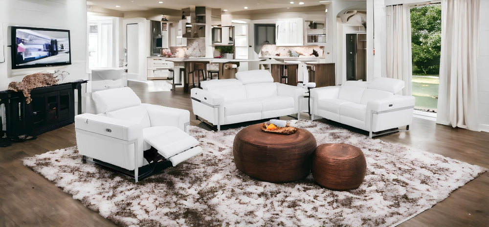 HomeRoots Three Piece White Italian Leather Seating Set - Luxurious Reclining Comfort for Six in Style! 480874