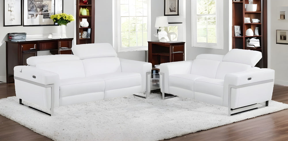 HomeRoots Two Piece White Italian Leather Power Reclining Seating Set for 5 – Modern Comfort & Style 480875