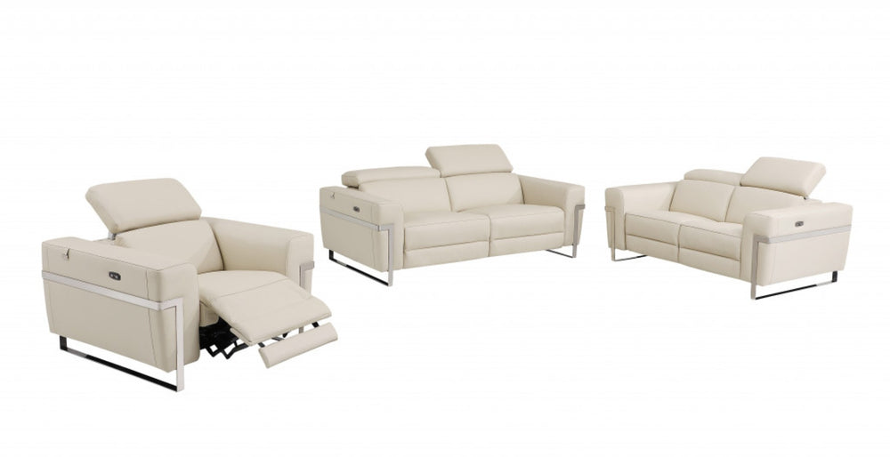 HomeRoots Three Piece Indoor Beige Italian Leather Seating Set – Luxurious Power Recline for 6 Guests 480876
