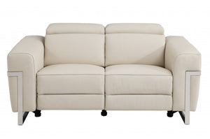 HomeRoots Three Piece Indoor Beige Italian Leather Seating Set – Luxurious Power Recline for 6 Guests 480876