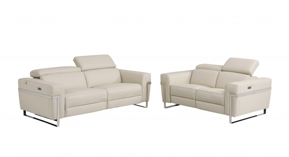HomeRoots Two Piece Indoor Beige Italian Leather Seating Set - Power Reclining Comfort for Five Guests! 480877