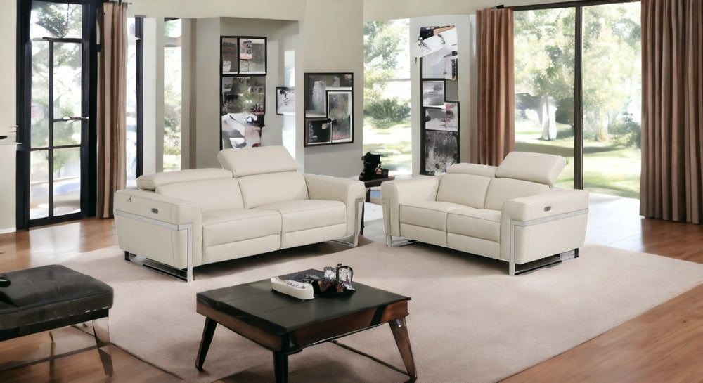 HomeRoots Two Piece Indoor Beige Italian Leather Seating Set - Power Reclining Comfort for Five Guests! 480877