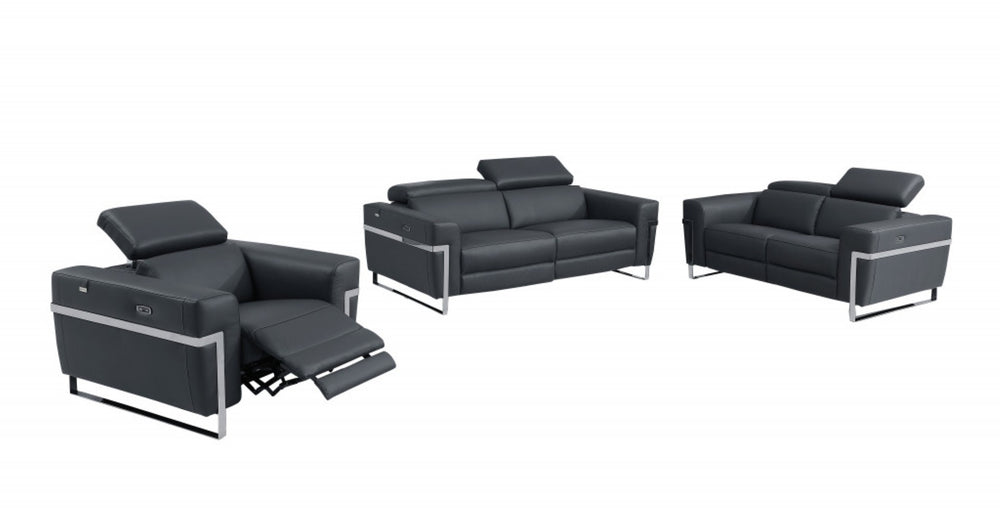 HomeRoots Three Piece Dark Gray Italian Leather Seating Set for 6 - Power Reclining Comfort & Style! 480878