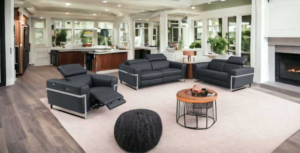 HomeRoots Three Piece Dark Gray Italian Leather Seating Set for 6 - Power Reclining Comfort & Style! 480878