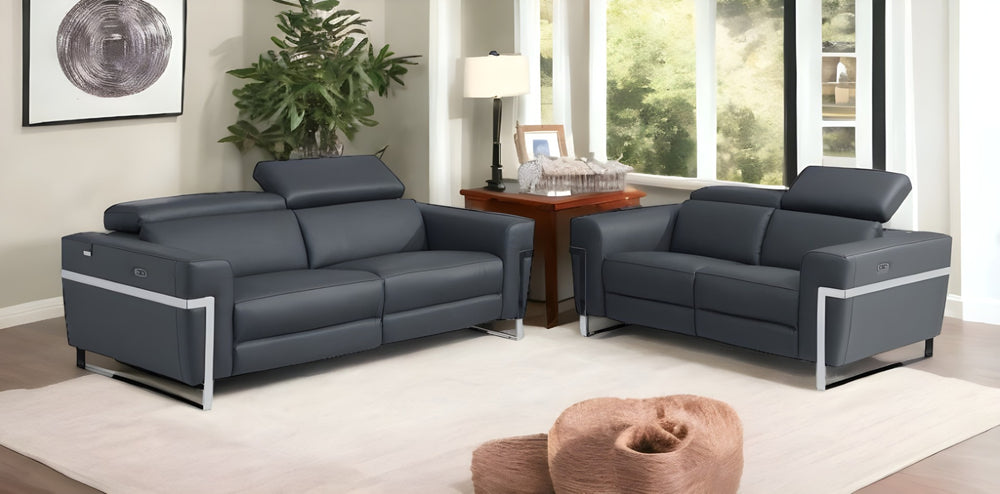 HomeRoots Two Piece Dark Gray Italian Leather Seating Set - Luxurious Reclining Sofa & Loveseat for 5 480879