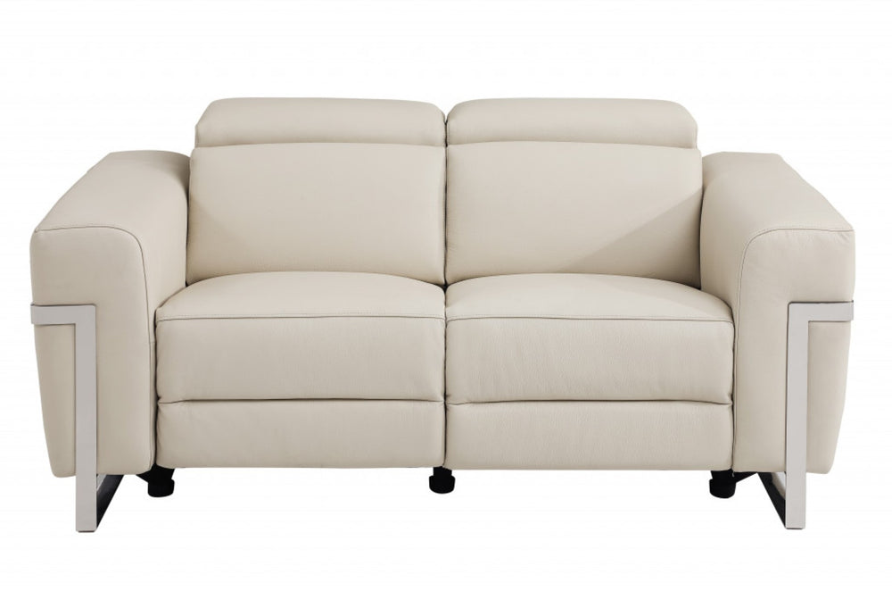 HomeRoots Two Piece Indoor Beige Italian Leather Seating Set – Luxurious Reclining Sofa & Loveseat for Five 480881