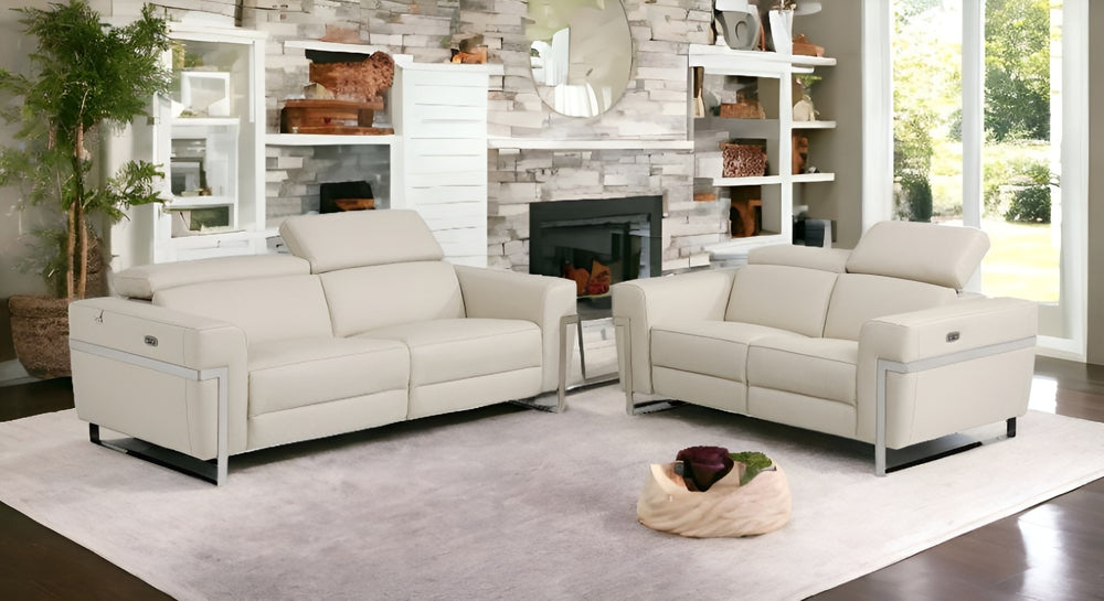 HomeRoots Two Piece Indoor Beige Italian Leather Seating Set – Luxurious Reclining Sofa & Loveseat for Five 480881