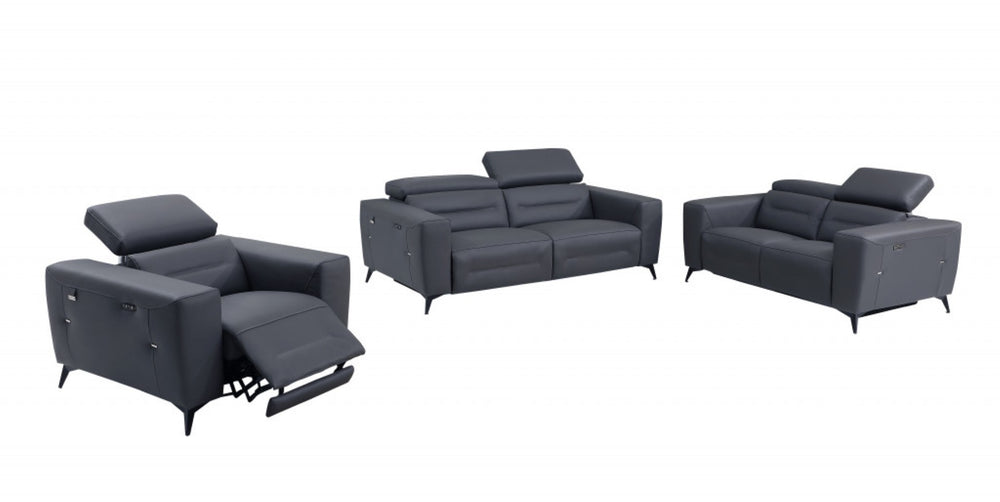HomeRoots Three Piece Indoor Dark Gray Italian Leather Seating Set - Elegant Power Recliners for 6 People 480882