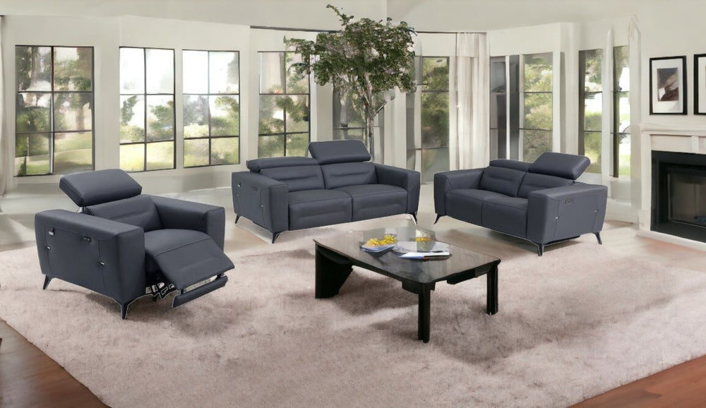 HomeRoots Three Piece Indoor Dark Gray Italian Leather Seating Set - Elegant Power Recliners for 6 People 480882