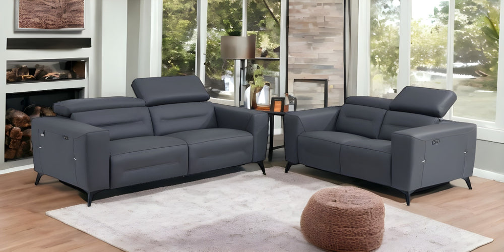 HomeRoots Two Piece Dark Gray Italian Leather Power Reclining Set for 5 – Stylish Comfort & Durability 480883