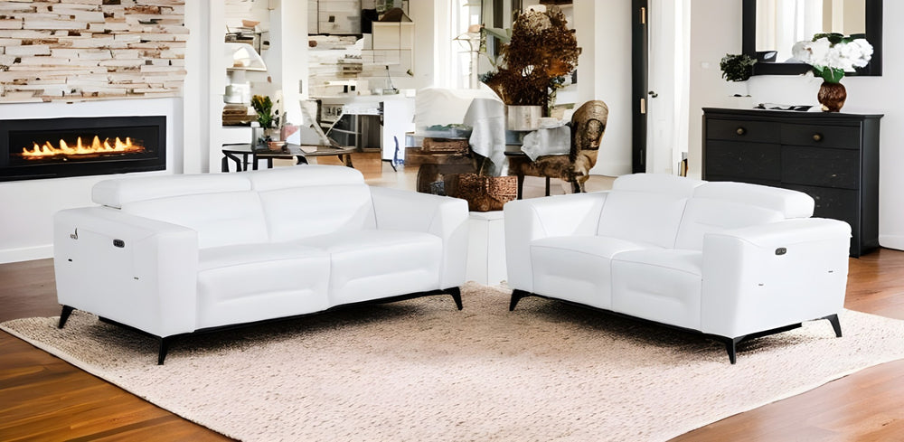 HomeRoots Two Piece White Italian Leather Seating Set for 5 - Power Recline, USB Charging, Luxurious Comfort 480885