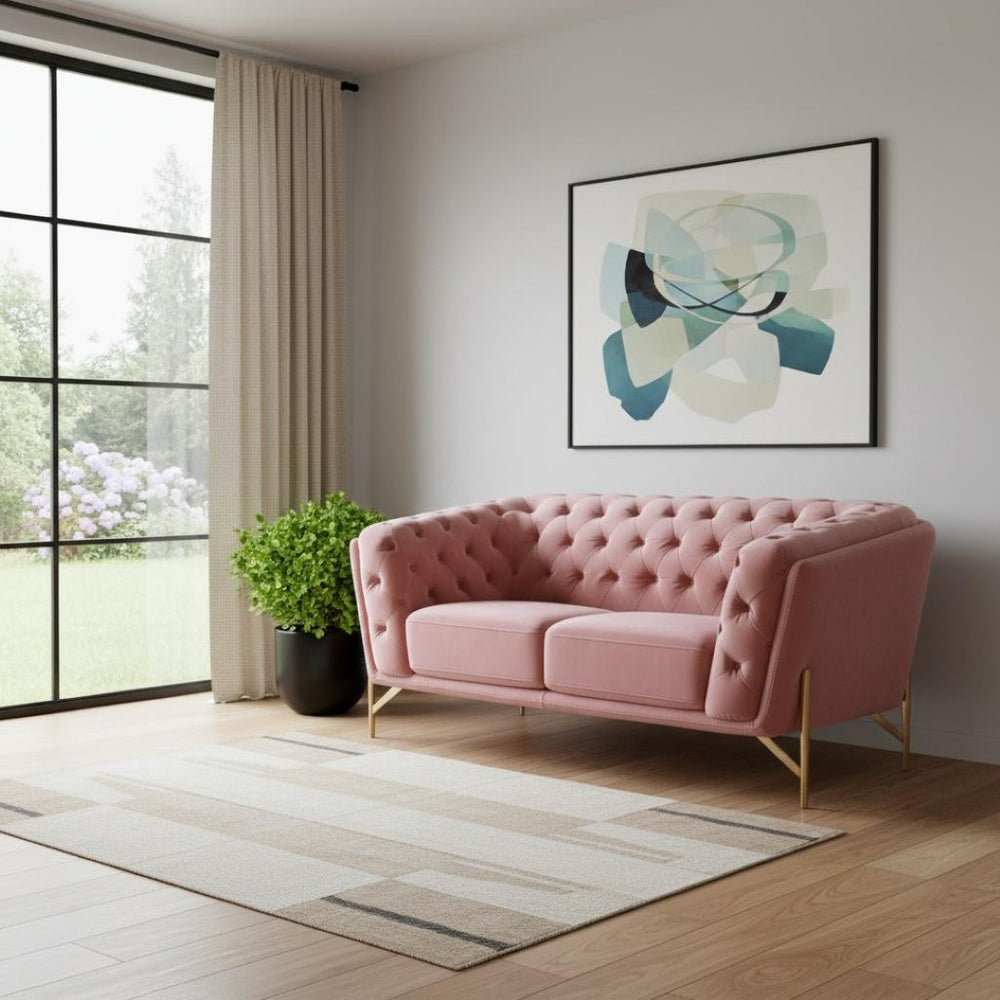HomeRoots Stylish Pink Velvet Loveseat with Diamond Tufts, Gold Legs - Modern Glam for Cozy Spaces & Durability 480894