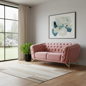HomeRoots Stylish Pink Velvet Loveseat with Diamond Tufts, Gold Legs - Modern Glam for Cozy Spaces & Durability 480894