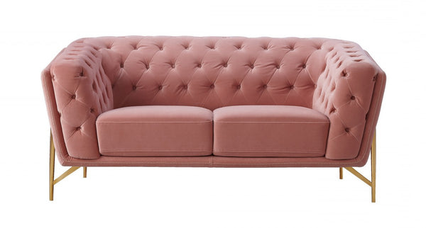 Homeroots Stylish Pink Velvet  Loveseat With Diamond Tufts   480894
