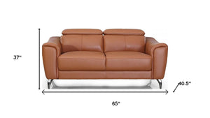 HomeRoots Urban 65" Brown Leather Loveseat with Adjustable Headrests for Modern Comfort & Style in Any Room 480895