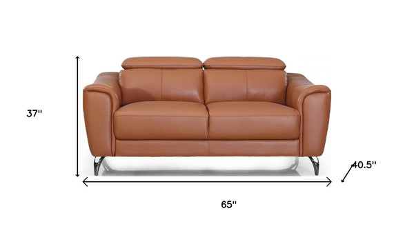 HomeRoots Urban 65" Brown Leather Loveseat with Adjustable Headrests for Modern Comfort & Style in Any Room 480895