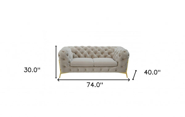 Homeroots Glam 74" Beige Velvet And Gold Loveseat   480897