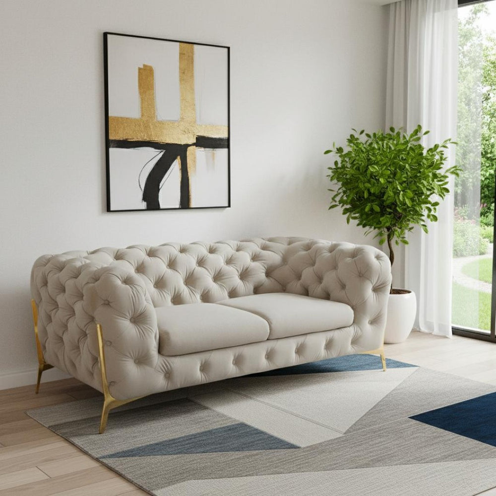 HomeRoots Glam 74" Beige Velvet Loveseat with Gold Legs - Plush Comfort & Glamorous Design for Stylish Spaces 480897