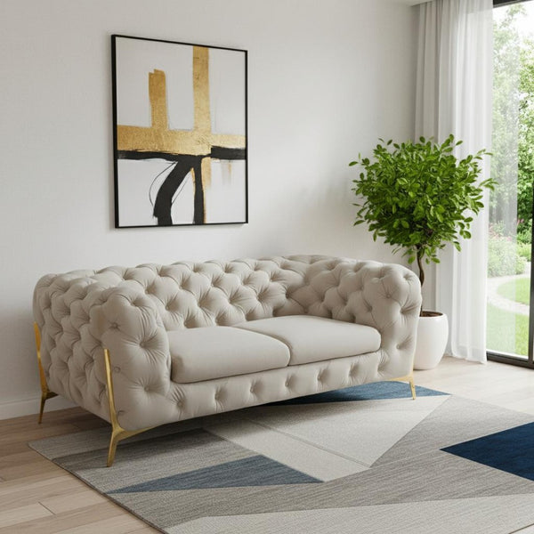 HomeRoots Glam 74" Beige Velvet Loveseat with Gold Legs - Plush Comfort & Glamorous Design for Stylish Spaces 480897