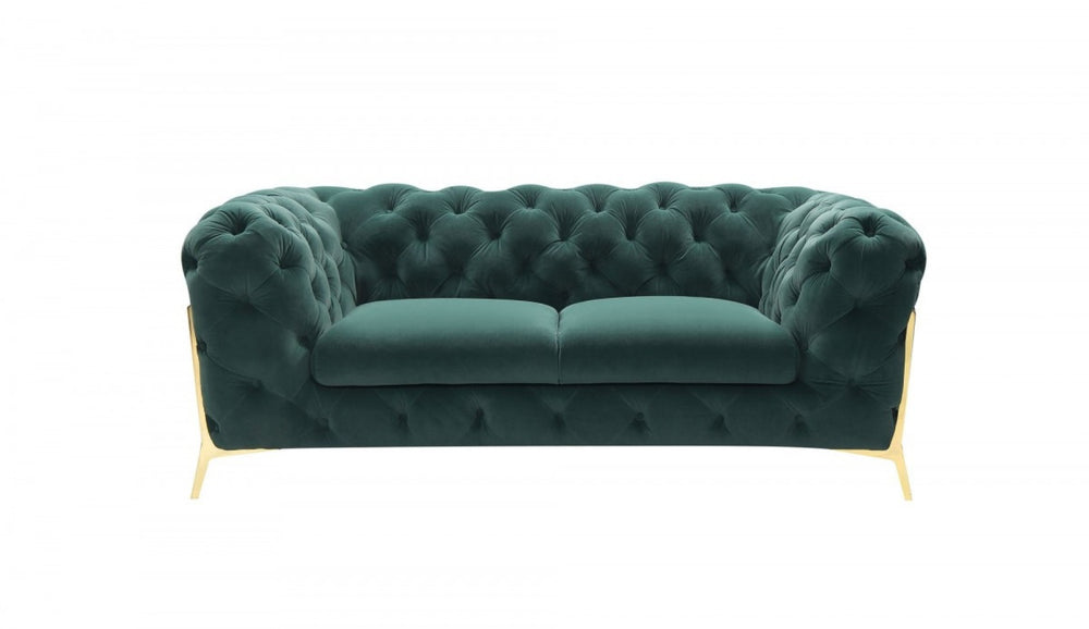 HomeRoots 74" Emerald and Gold Velvet Loveseat - Luxurious Tufted Seating for Chic Living Rooms and Spaces 480898