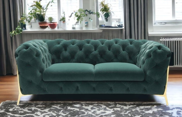 Homeroots 74" Emerald And Gold Velvet Loveseat   480898