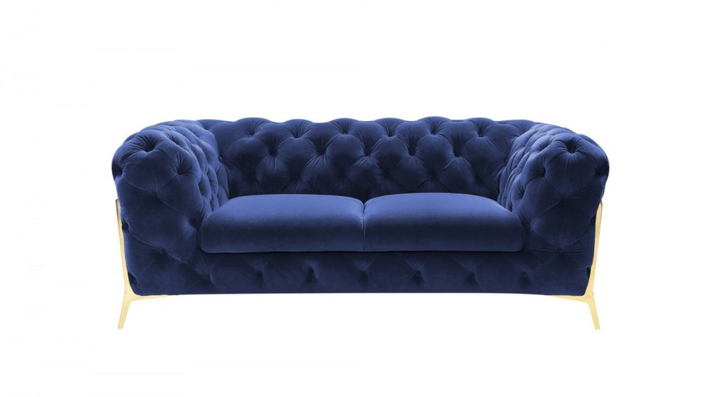 HomeRoots 74" Blue Velvet Loveseat with Gold Accents – Luxurious Comfort, Diamond Tufting & Modern Glam Style 480899