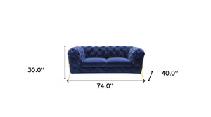 Homeroots 74" Blue And Gold Velvet Loveseat   480899