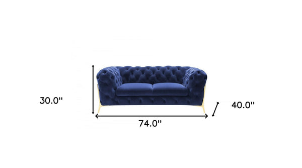 Homeroots 74" Blue And Gold Velvet Loveseat   480899