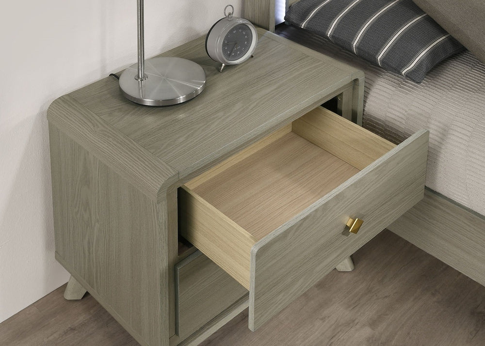 English Elm Contemporary Two Drawer Nightstand Gray Finish Tapered Legs Gold Pulls Bedroom Storage B2741P431077