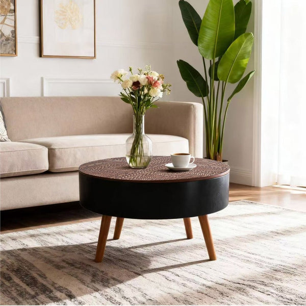 English Elm 31.5-inch Round Carved Wood Coffee Table Vintage Distressed Finish Living Room Accent W3935P406032