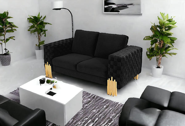 Homeroots Stylish 69" Black Velvet And Gold Accent Loveseat   480900