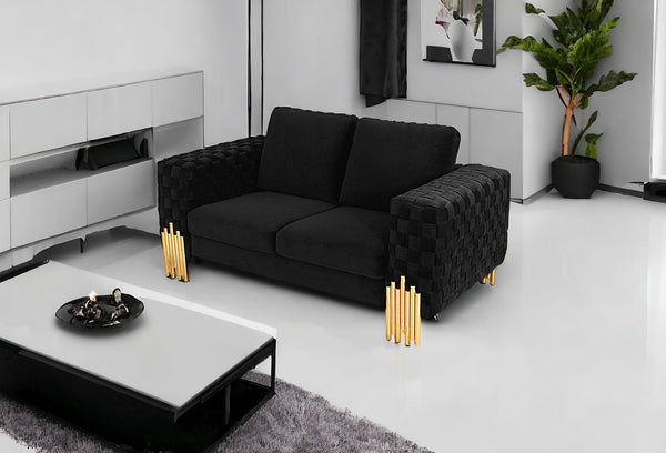 Homeroots Stylish 69" Black Velvet And Gold Accent Loveseat   480900