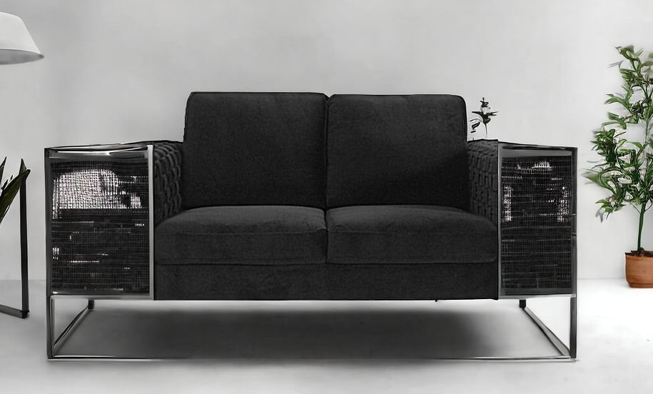 Homeroots Stylish 69" Black Velvet And Gold Accent Loveseat   480900