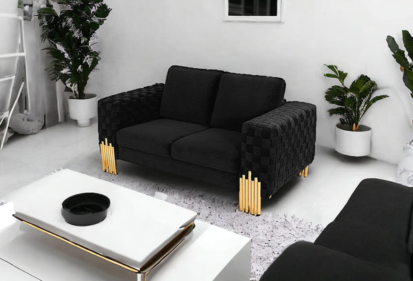 Homeroots Stylish 69" Black Velvet And Gold Accent Loveseat   480900