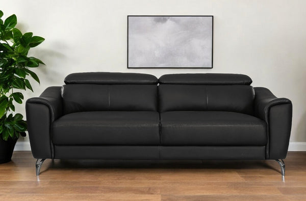 Homeroots 80" Black Genuine Leather Sofa With Silver Legs   480921