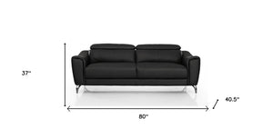 Homeroots 80" Black Genuine Leather Sofa With Silver Legs   480921