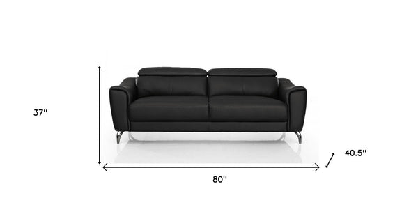 Homeroots 80" Black Genuine Leather Sofa With Silver Legs   480921