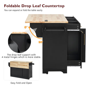 English Elm K&k Rolling Kitchen Island Rubber Wood Top Brass Hardware Built-in Outlets Storage Black N707S299014B