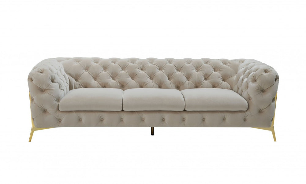 Homeroots 97" Beige Velvet Sofa With Gold Legs   480925