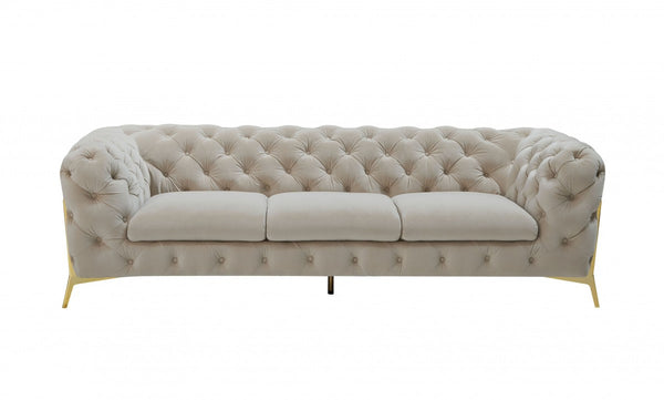 Homeroots 97" Beige Velvet Sofa With Gold Legs   480925