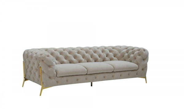 Homeroots 97" Beige Velvet Sofa With Gold Legs   480925