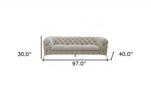 Homeroots 97" Beige Velvet Sofa With Gold Legs   480925