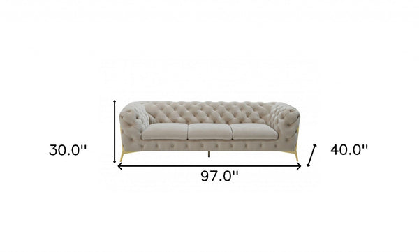 Homeroots 97" Beige Velvet Sofa With Gold Legs   480925