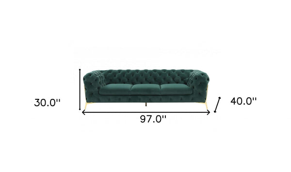 Homeroots 97" Green Velvet Sofa With Gold Legs   480926